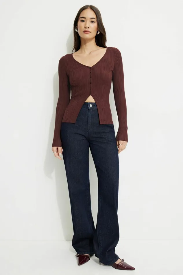 Women Dynamite Sweaters and Cardigans Ribbed Flyaway Cardigan BURGUNDY