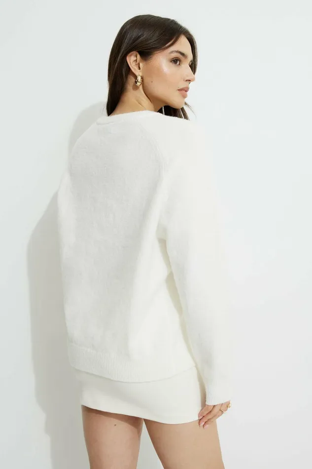 Women Dynamite Tops Raglan Crewneck Sweater White