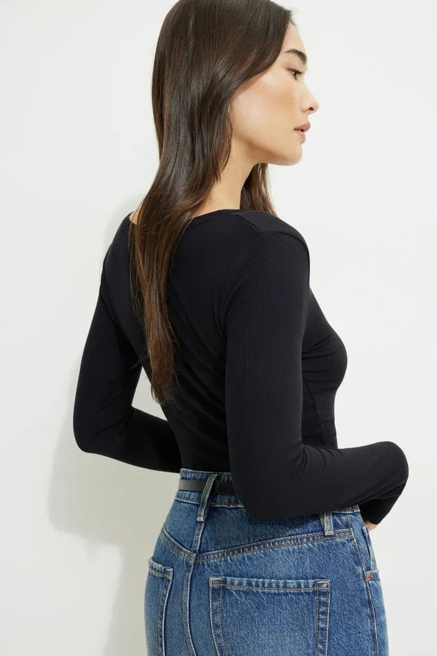 Women Dynamite Tops Ribbed UNeck Long Sleeve T Shirt Black