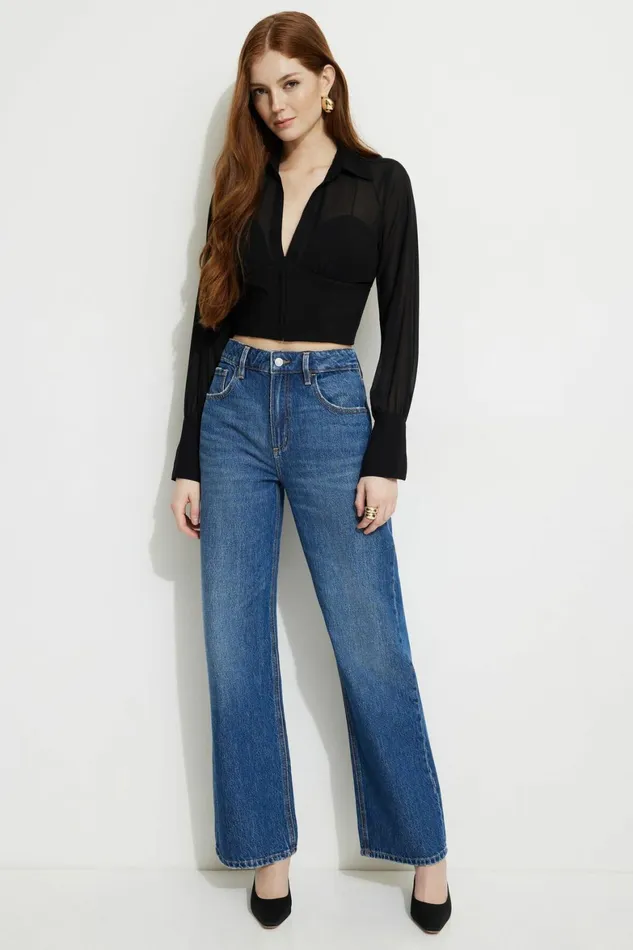 Women Dynamite Tops Sheer Corset Blouse Black