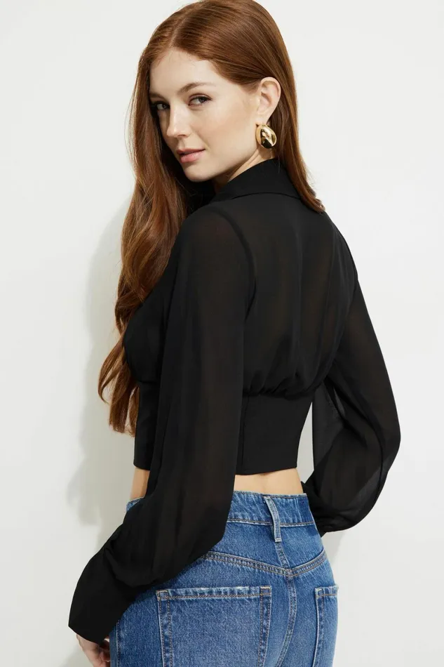 Women Dynamite Tops Sheer Corset Blouse Black