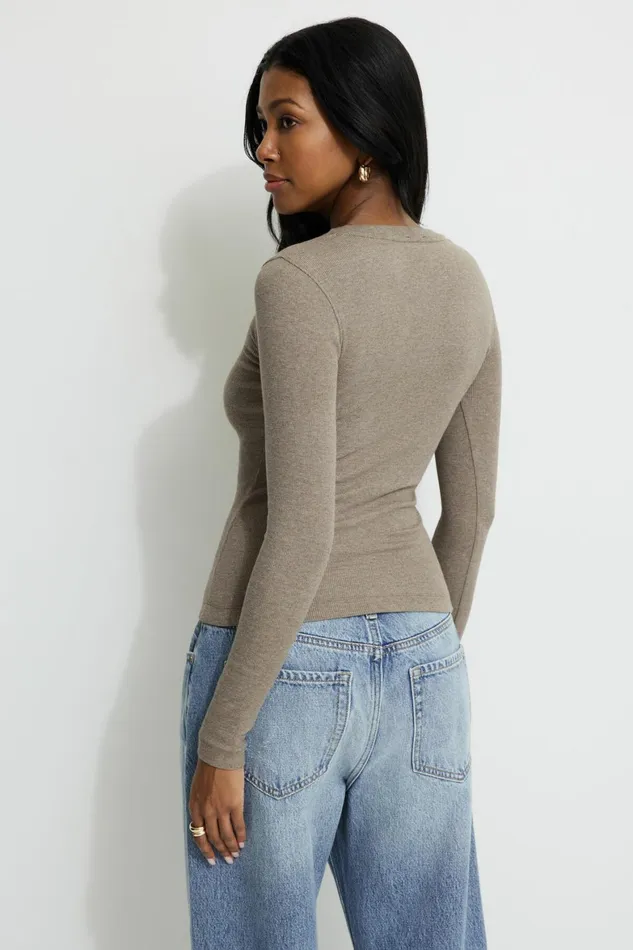 Women Dynamite Tops Tedi Ribbed Long Sleeve T Shirt Brown