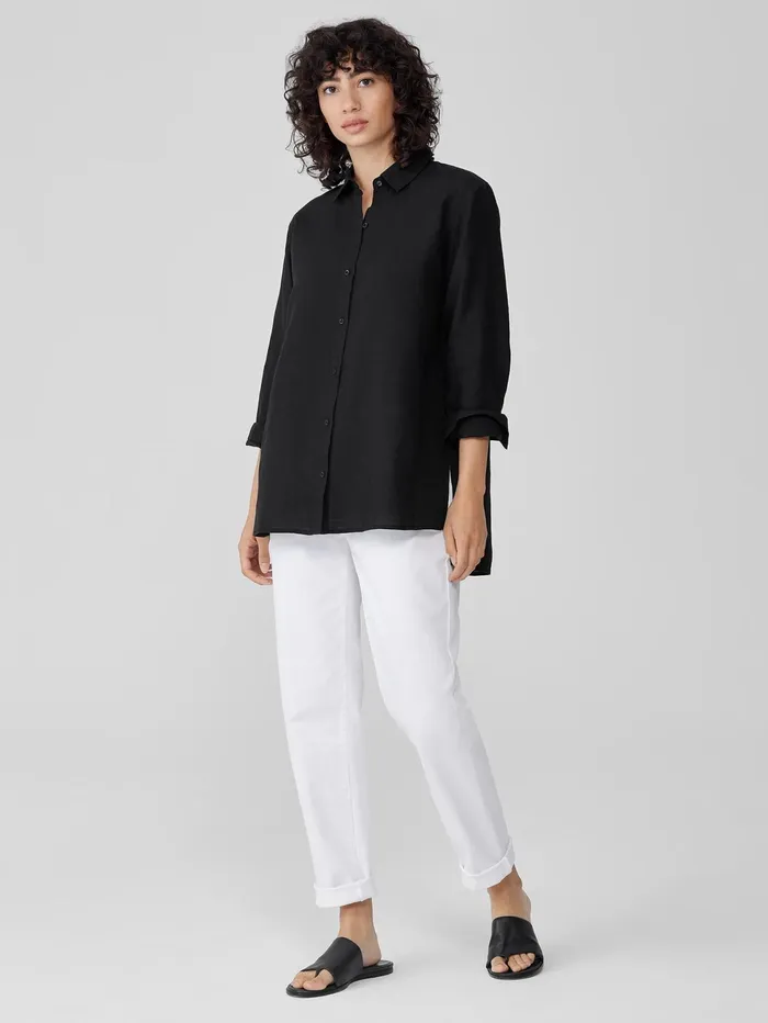Women Eileen Fisher Tops and Tees Handkerchief Linen Classic Collar Shirt Black