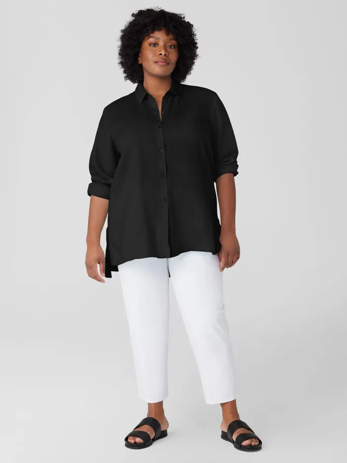 Women Eileen Fisher Tops and Tees Handkerchief Linen Classic Collar Shirt Black