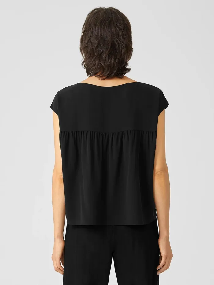 Women Eileen Fisher Tops and Tees Silk Georgette Crepe ShirredBack Top Black