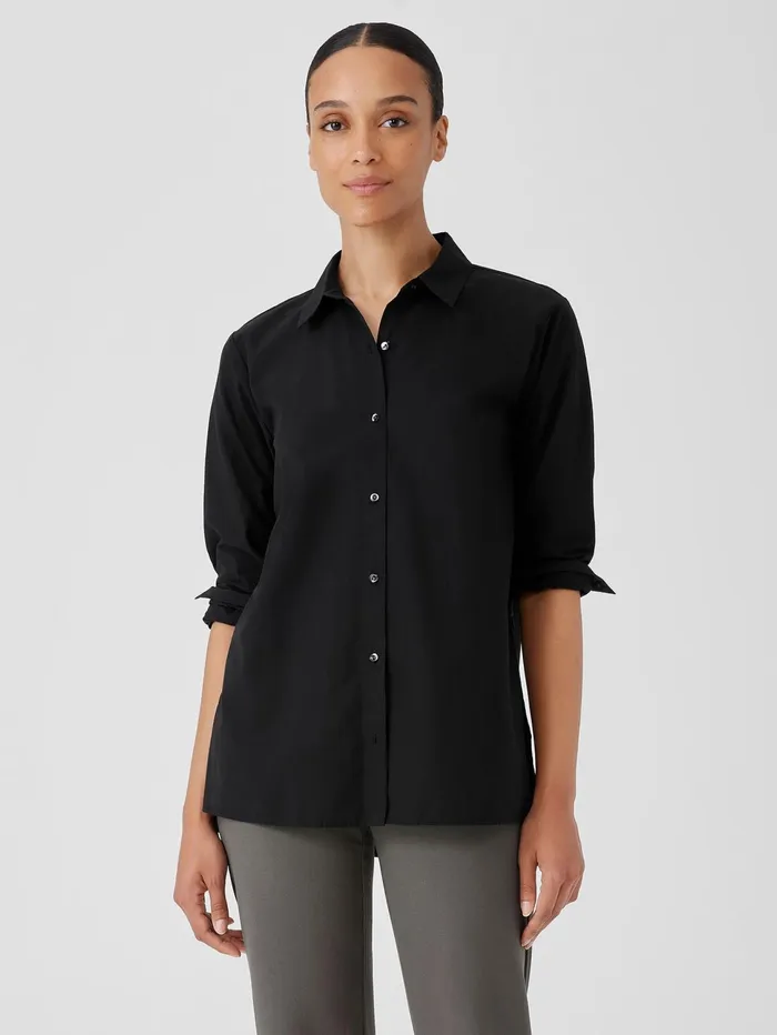 Women Eileen Fisher Tops and Tees Washed Organic Cotton Poplin Classic Collar Long Shirt Black Women Eileen Fisher Tops and Tees Washed Organic Cotton Poplin Classic Collar Long Shirt Black