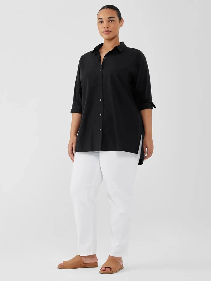 Women Eileen Fisher Tops and Tees Washed Organic Cotton Poplin Classic Collar Long Shirt Black