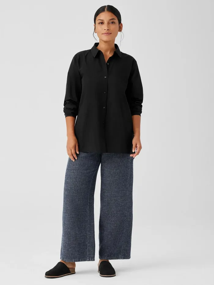 Women Eileen Fisher Tops and Tees Washed Organic Cotton Poplin Classic Collar Long Shirt Black