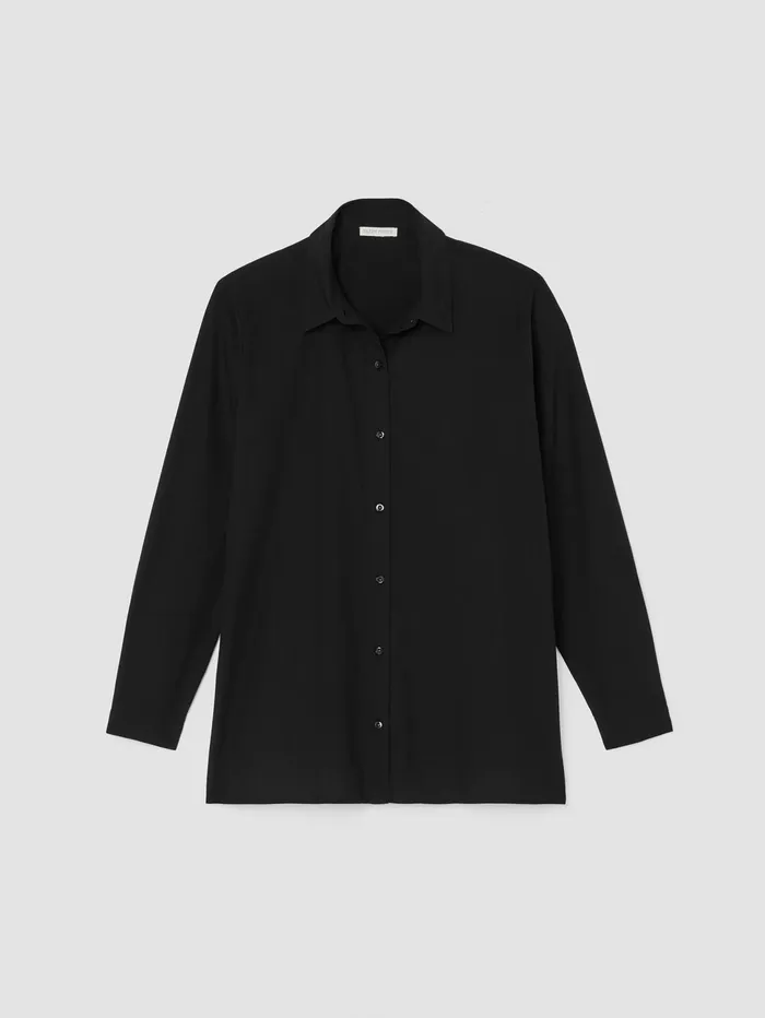 Women Eileen Fisher Tops and Tees Washed Organic Cotton Poplin Classic Collar Long Shirt Black