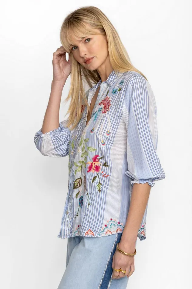 Women EMIKA RELAXED SMOCKED SHIRT Aster Stripe Johnny Was Tops Women EMIKA RELAXED SMOCKED SHIRT Aster Stripe Johnny Was Tops