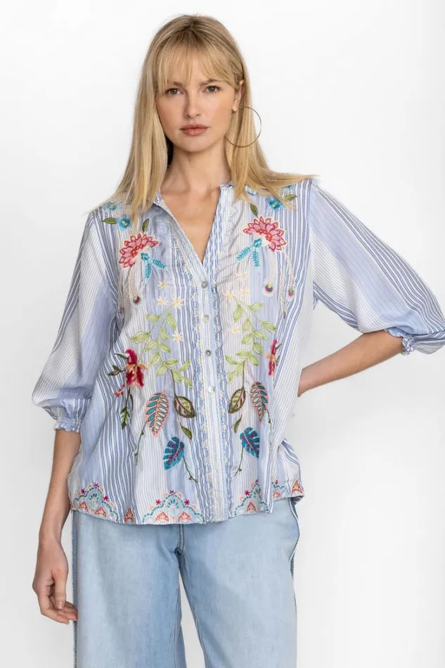 Women EMIKA RELAXED SMOCKED SHIRT Aster Stripe Johnny Was Tops Women EMIKA RELAXED SMOCKED SHIRT Aster Stripe Johnny Was Tops