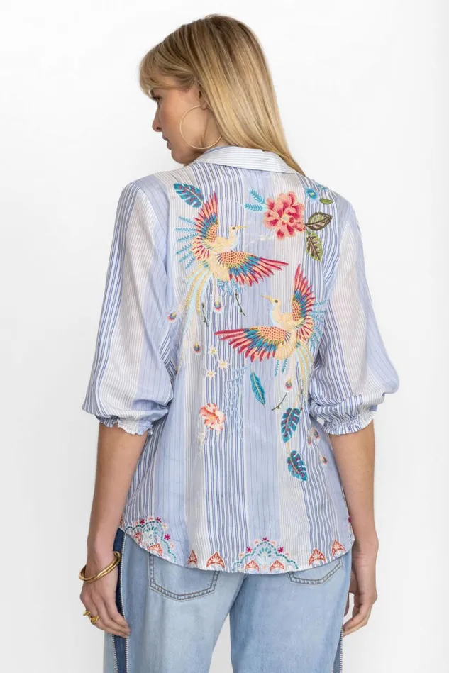 Women EMIKA RELAXED SMOCKED SHIRT Aster Stripe Johnny Was Tops Women EMIKA RELAXED SMOCKED SHIRT Aster Stripe Johnny Was Tops