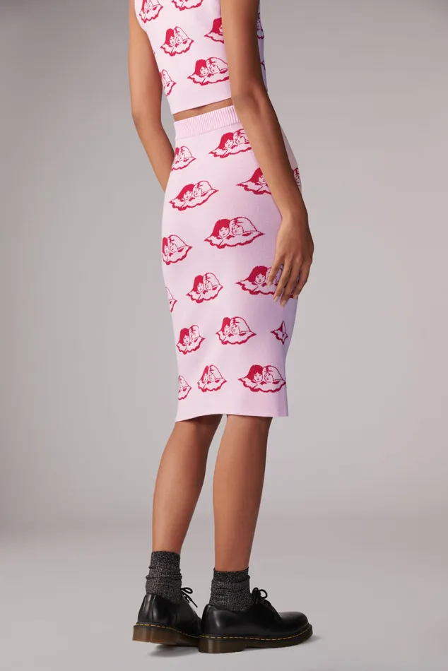 Women Fiorucci Knitwear All Over Angels Knit Midi Skirt Pink Women Fiorucci Knitwear All Over Angels Knit Midi Skirt Pink