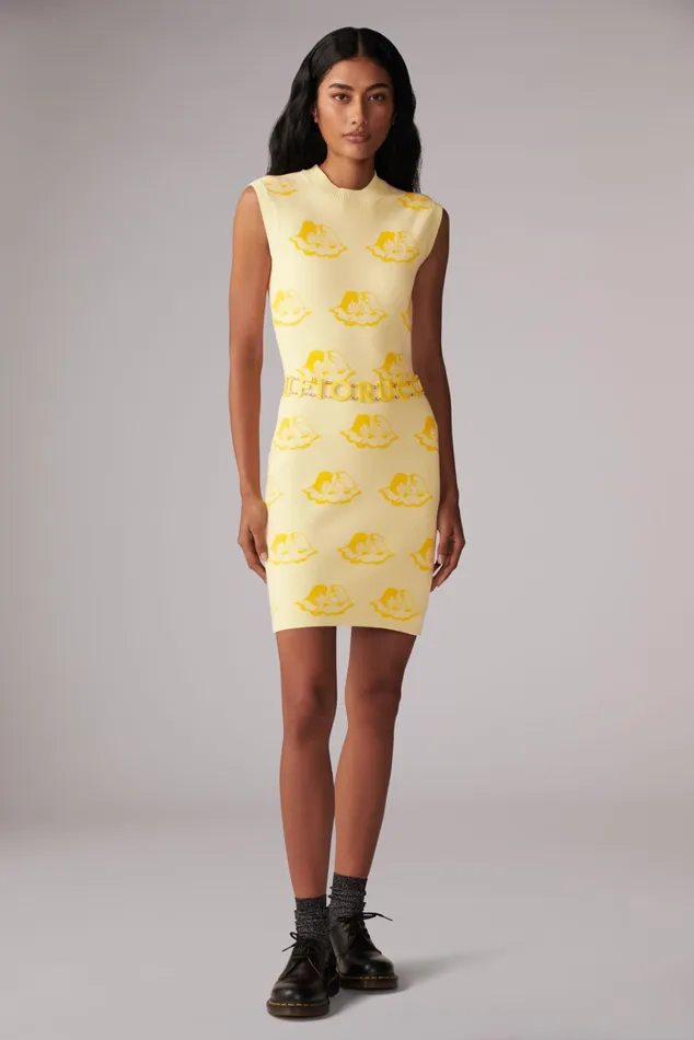 Women Fiorucci Knitwear All Over Angels Knit Mini Dress Yellow Women Fiorucci Knitwear All Over Angels Knit Mini Dress Yellow