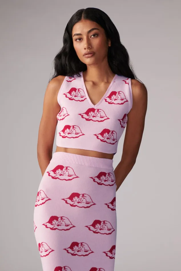 Women Fiorucci TShirts and Tops All Over Angels Knit Crop Vest Pink Women Fiorucci TShirts and Tops All Over Angels Knit Crop Vest Pink