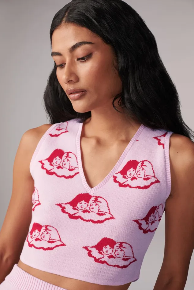 Women Fiorucci TShirts and Tops All Over Angels Knit Crop Vest Pink Women Fiorucci TShirts and Tops All Over Angels Knit Crop Vest Pink