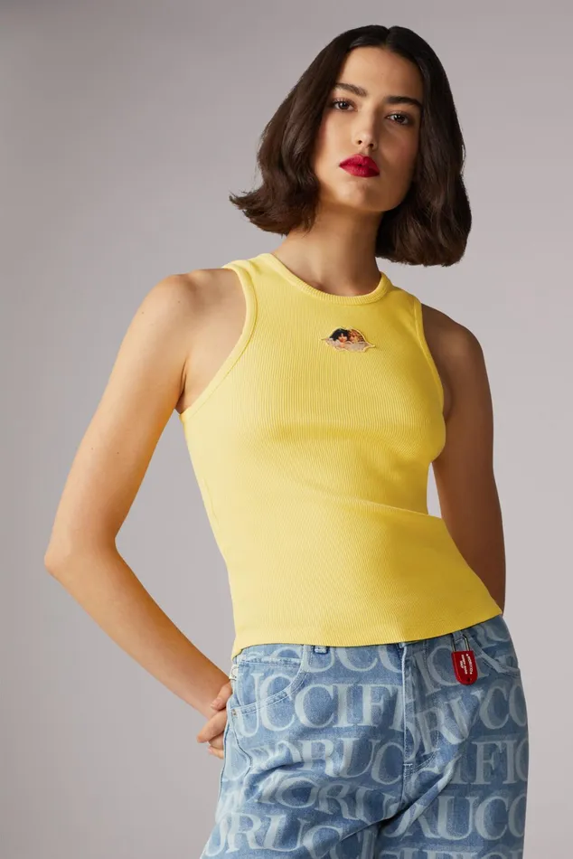 Women Fiorucci TShirts and Tops Icon Angels Ribbed Vest Yellow
