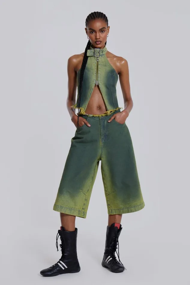 Women Green Washed Denim Jorts Jaded London CoOrds