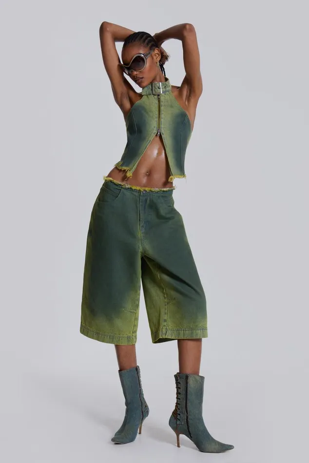 Women Green Washed Denim Jorts Jaded London CoOrds