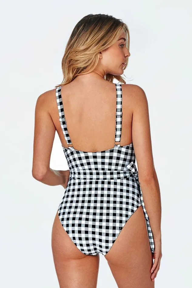 Women Halter and Lace Up Swimsuits Cupshe Gingham VNeck Tied One Piece Swimsuit Blackwhite