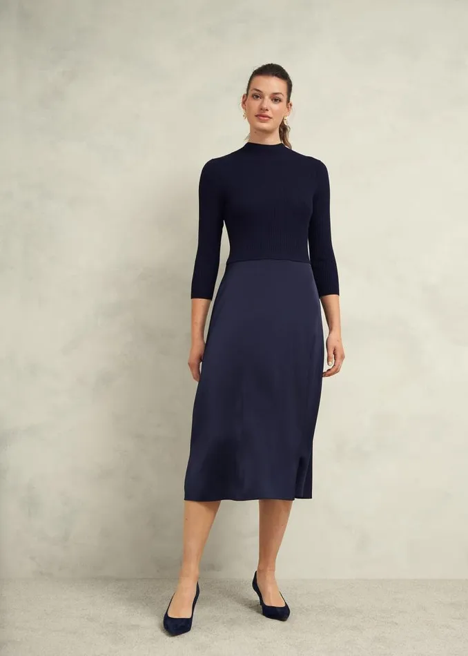 Women HOBBS Dresses and Jumpsuits Trina Satin Knitted Dresses Hobbs Navy