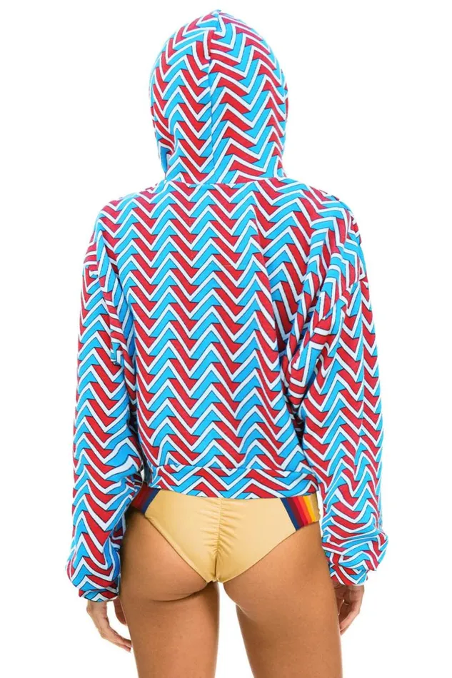 Women Hoodies Aviator Nation Geo Zig Bolt Embriodery Relaxed Cropped Pullover Hoodie 8211 Red Blue