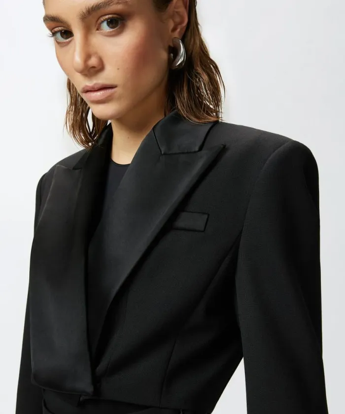 Women Jackets Pinko Short Spencer Jacket With Satin Lapels Limo Black Women Jackets Pinko Short Spencer Jacket With Satin Lapels Limo Black