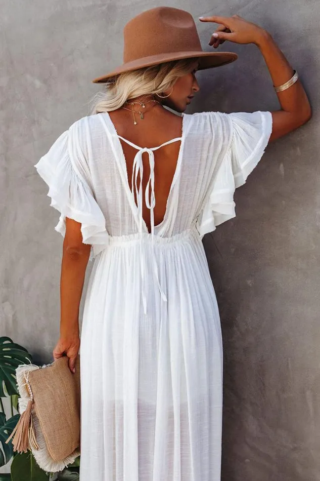 Women Kaftans Cupshe Sawyer Backless Frill AShape Cover Up White