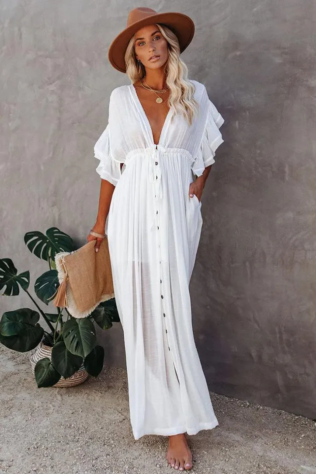 Women Kaftans Cupshe Sawyer Backless Frill AShape Cover Up White
