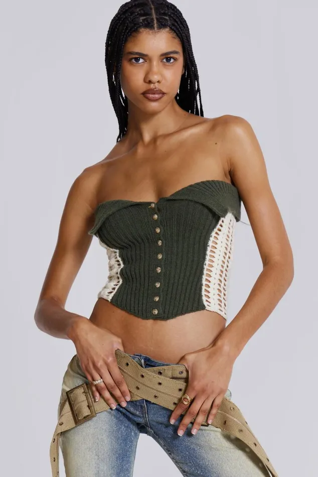Women Khaki Green Knitted Corset Top Jaded London Knitwear
