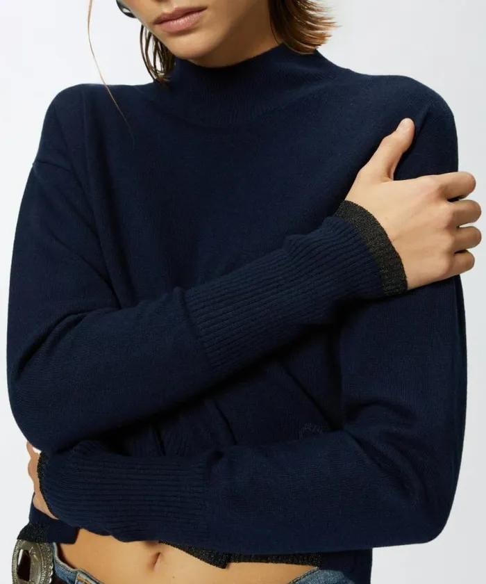 Women Knitwear Pinko Cashmereblend Turtleneck With Metallic Cuffs Dark Navy Blue Women Knitwear Pinko Cashmereblend Turtleneck With Metallic Cuffs Dark Navy Blue