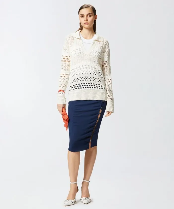 Women Knitwear Pinko Cotton Sweater With Openwork And Collar Whitewhite Women Knitwear Pinko Cotton Sweater With Openwork And Collar Whitewhite
