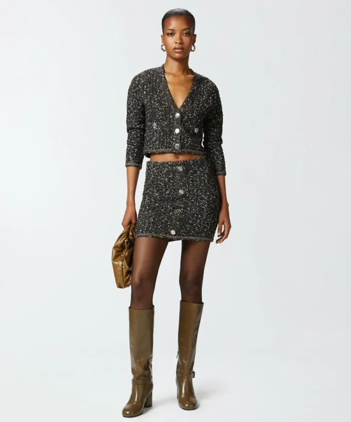 Women Knitwear Pinko Cropped Cardigan With Sequins And Vneck Blackbrownwhite Women Knitwear Pinko Cropped Cardigan With Sequins And Vneck Blackbrownwhite
