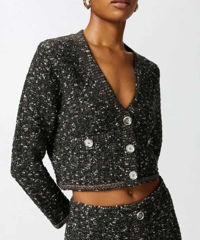 Women Knitwear Pinko Cropped Cardigan With Sequins And Vneck Blackbrownwhite Women Knitwear Pinko Cropped Cardigan With Sequins And Vneck Blackbrownwhite