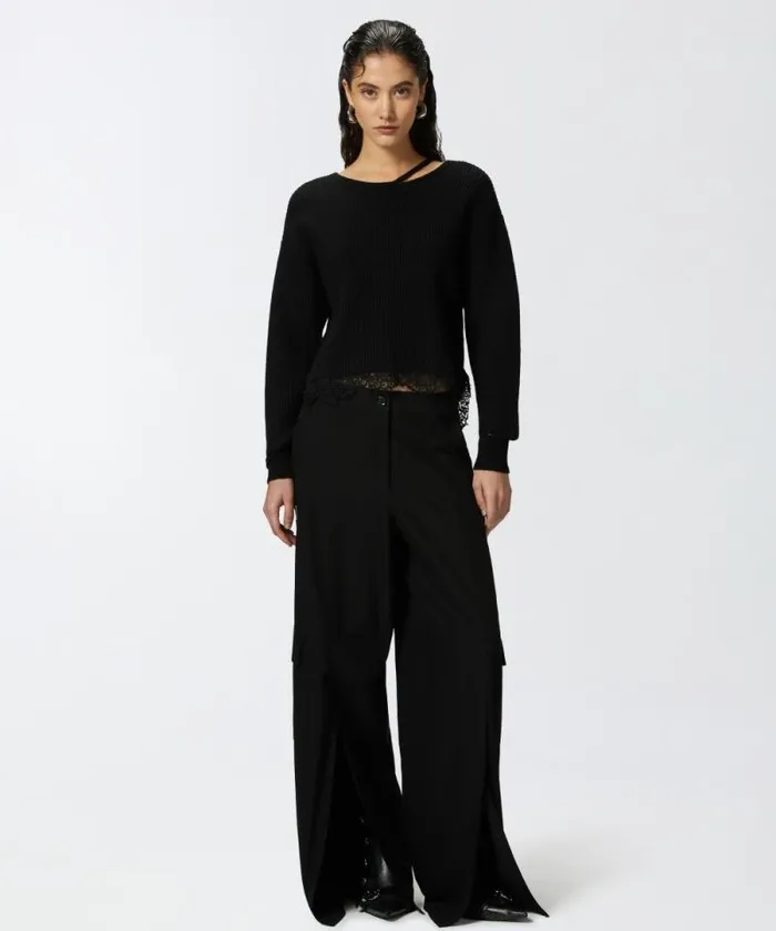 Women Knitwear Pinko Ribbed Sweater With Lace At The Hem Limo Black Women Knitwear Pinko Ribbed Sweater With Lace At The Hem Limo Black