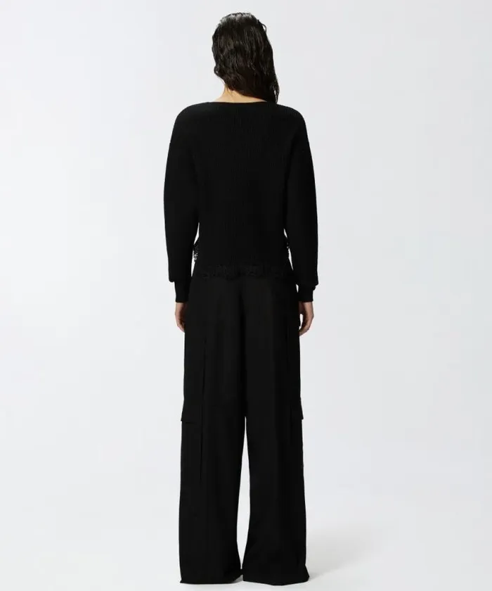 Women Knitwear Pinko Ribbed Sweater With Lace At The Hem Limo Black Women Knitwear Pinko Ribbed Sweater With Lace At The Hem Limo Black