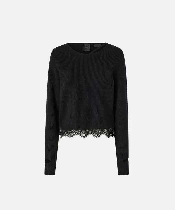 Women Knitwear Pinko Ribbed Sweater With Lace At The Hem Limo Black Women Knitwear Pinko Ribbed Sweater With Lace At The Hem Limo Black
