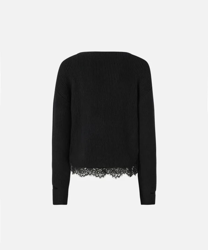 Women Knitwear Pinko Ribbed Sweater With Lace At The Hem Limo Black Women Knitwear Pinko Ribbed Sweater With Lace At The Hem Limo Black