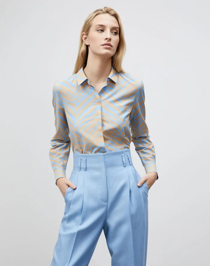 Women Lafayette 148 New York Blouses and Shirts Petite Ruxton Blouse In Zevron Print Habotai Fresh Blue Multi Women Lafayette 148 New York Blouses and Shirts Petite Ruxton Blouse In Zevron Print Habotai Fresh Blue Multi