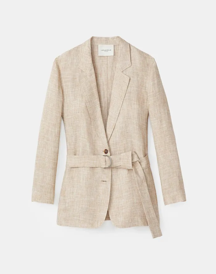 Women Lafayette 148 New York Jackets and Blazers Petite Eaton Blazer In Italian Etched Linen Honeynut Multi