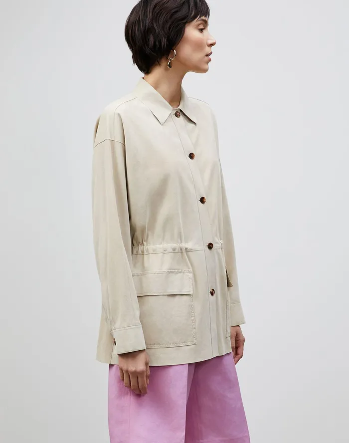 Women Lafayette 148 New York Leathers and Suedes Devan Shirt Jacket In Italian Paperfine Suede Ecru