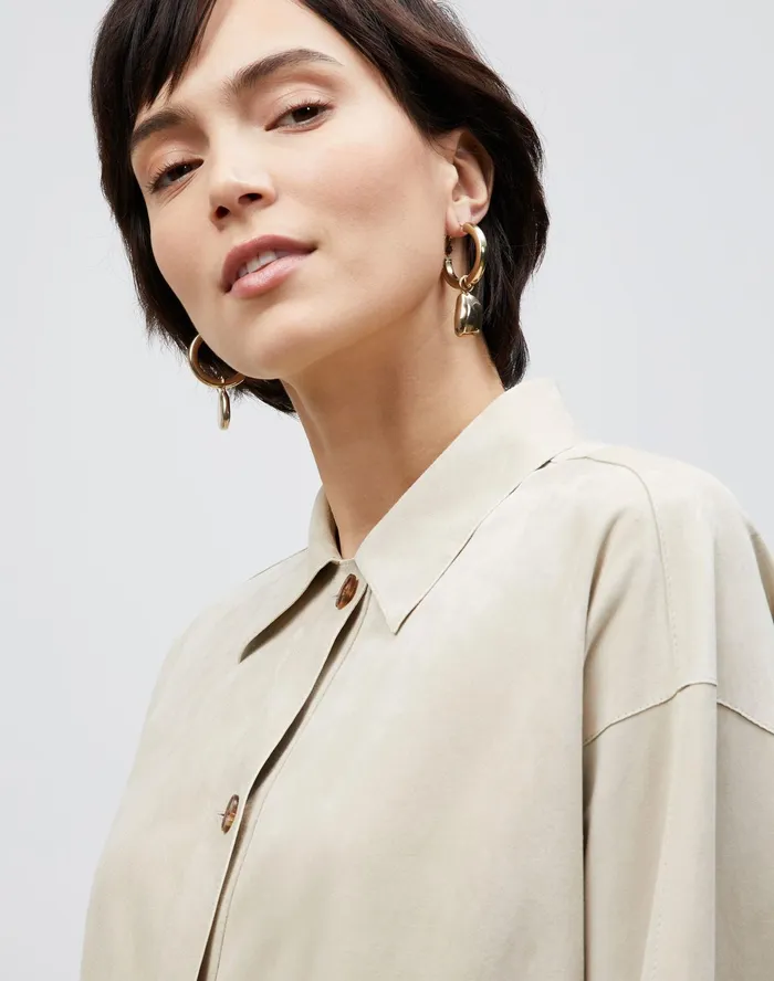 Women Lafayette 148 New York Leathers and Suedes Devan Shirt Jacket In Italian Paperfine Suede Ecru