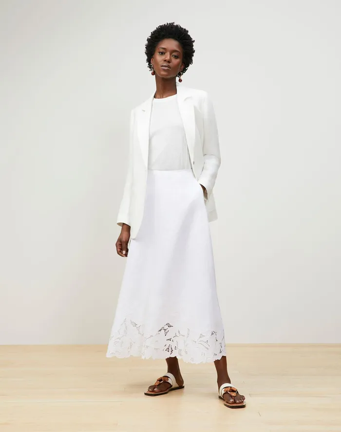 Women Lafayette 148 New York Skirts Helena Midi Skirt In Embroidered Summer Linen White