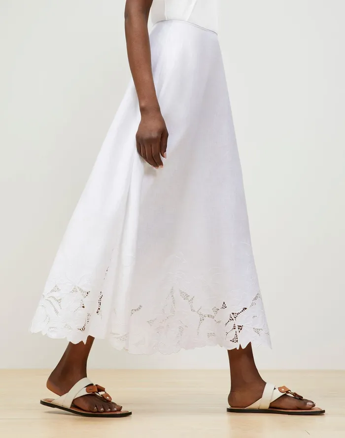 Women Lafayette 148 New York Skirts Helena Midi Skirt In Embroidered Summer Linen White