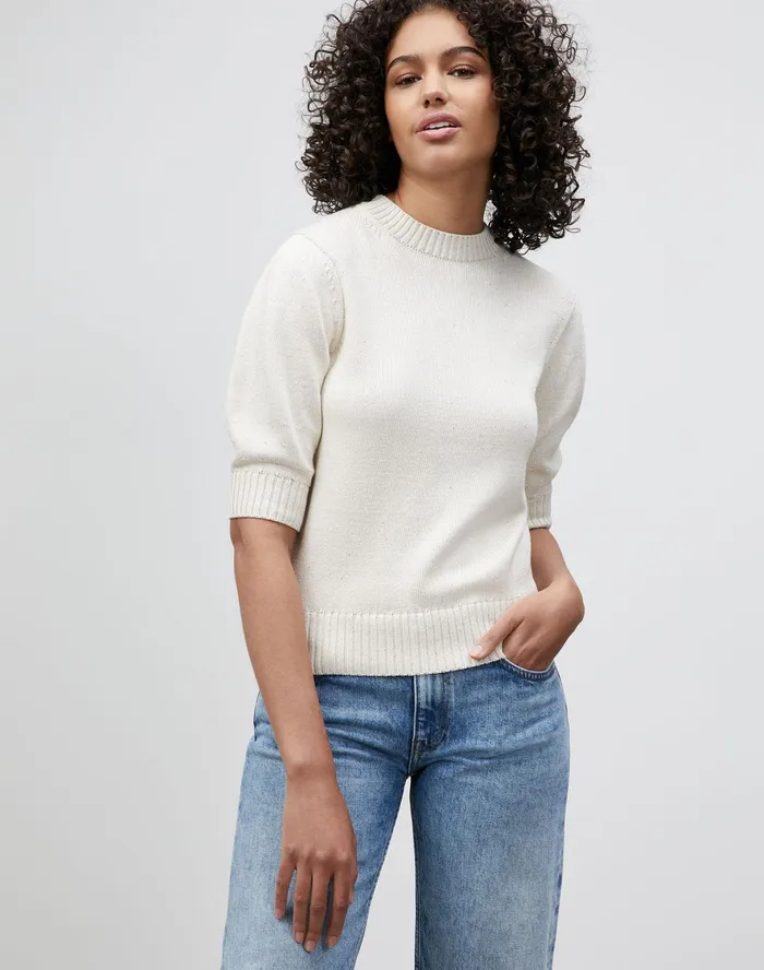 Women Lafayette 148 New York Sweaters Cotton Silk Tape Blouson Sleeve Sweater Creme Fraiche Metallic Women Lafayette 148 New York Sweaters Cotton Silk Tape Blouson Sleeve Sweater Creme Fraiche Metallic