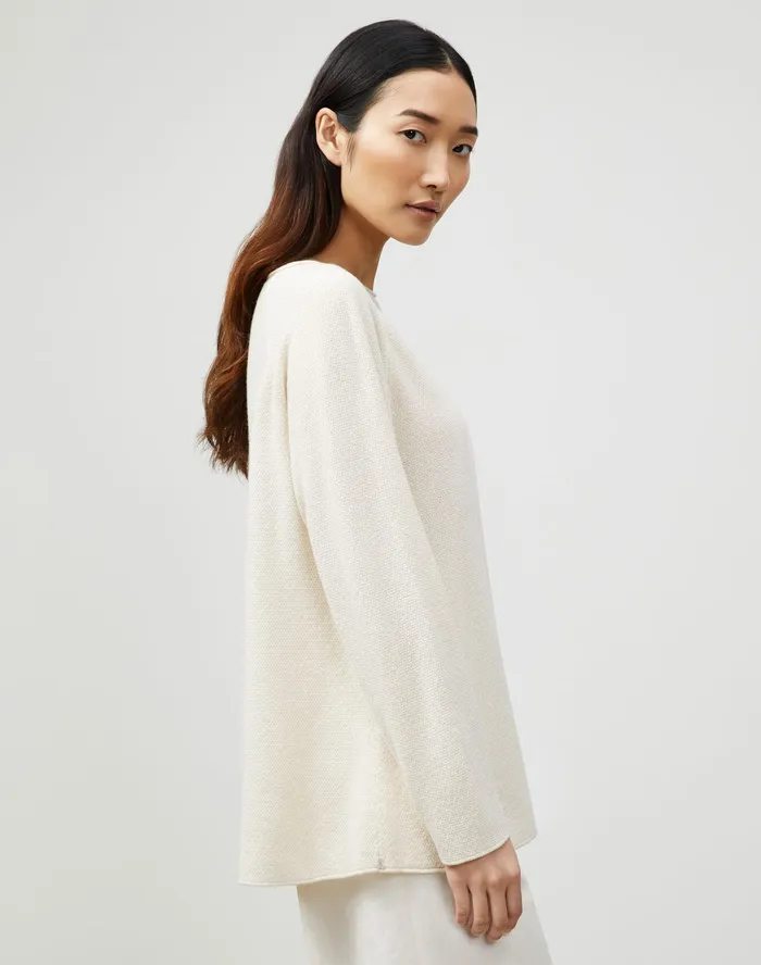 Women Lafayette 148 New York Sweaters Petite KindCashmere Textured Stitch Bateau Neck Sweater Creme Fraiche Melange