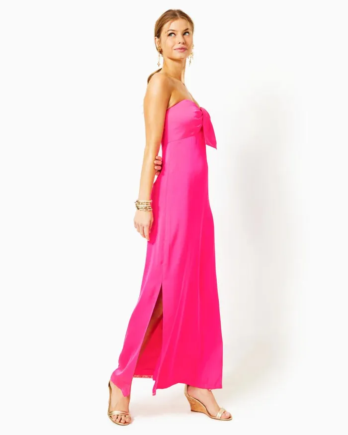 Women Lilly Pulitzer Dresses Carlynn Satin Maxi Bow Dress Pink Palms Women Lilly Pulitzer Dresses Carlynn Satin Maxi Bow Dress Pink Palms