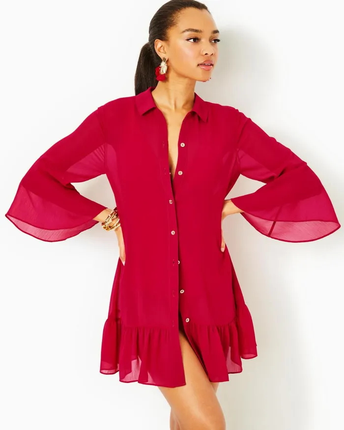 Women Lilly Pulitzer Swim Linley Collared CoverUp Poinsettia Red Women Lilly Pulitzer Swim Linley Collared CoverUp Poinsettia Red