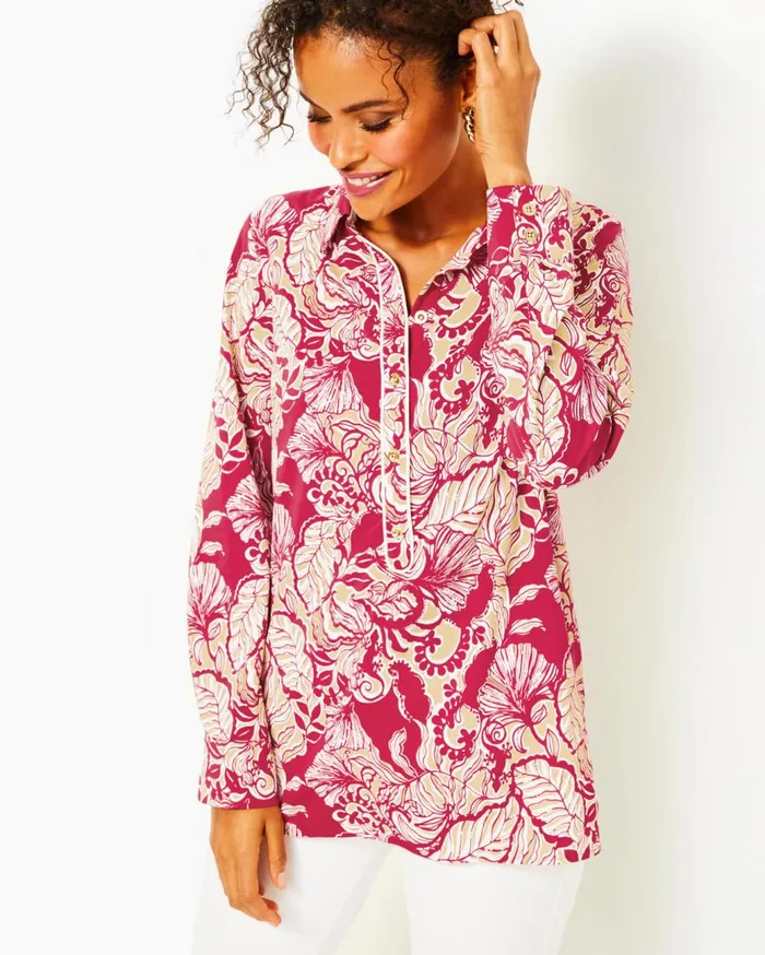 Women Lilly Pulitzer Tops UPF 50 Giavana Tunic Alba Blue Cruisin Together