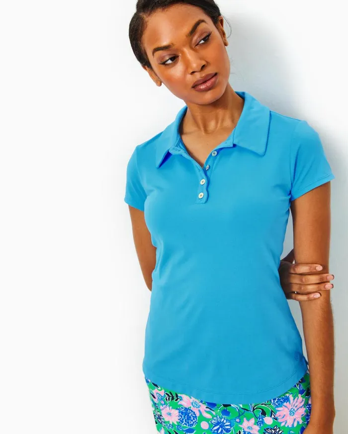 Women Lilly Pulitzer Tops UPF 50 Luxletic Frida Scallop Polo Top Conch Shell Pink Women Lilly Pulitzer Tops UPF 50 Luxletic Frida Scallop Polo Top Conch Shell Pink